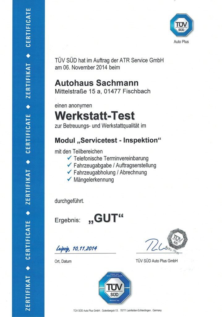 Autohaus Sachmann Meisterbetrieb der KFZ-Innung Inh. Jörg Göpner Zertifikat