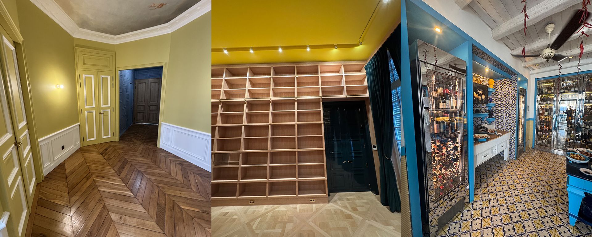 Trois intérieurs : une pièce aux murs jaunes, des étagères en bois, une boutique avec sol carrelé et marchandises.