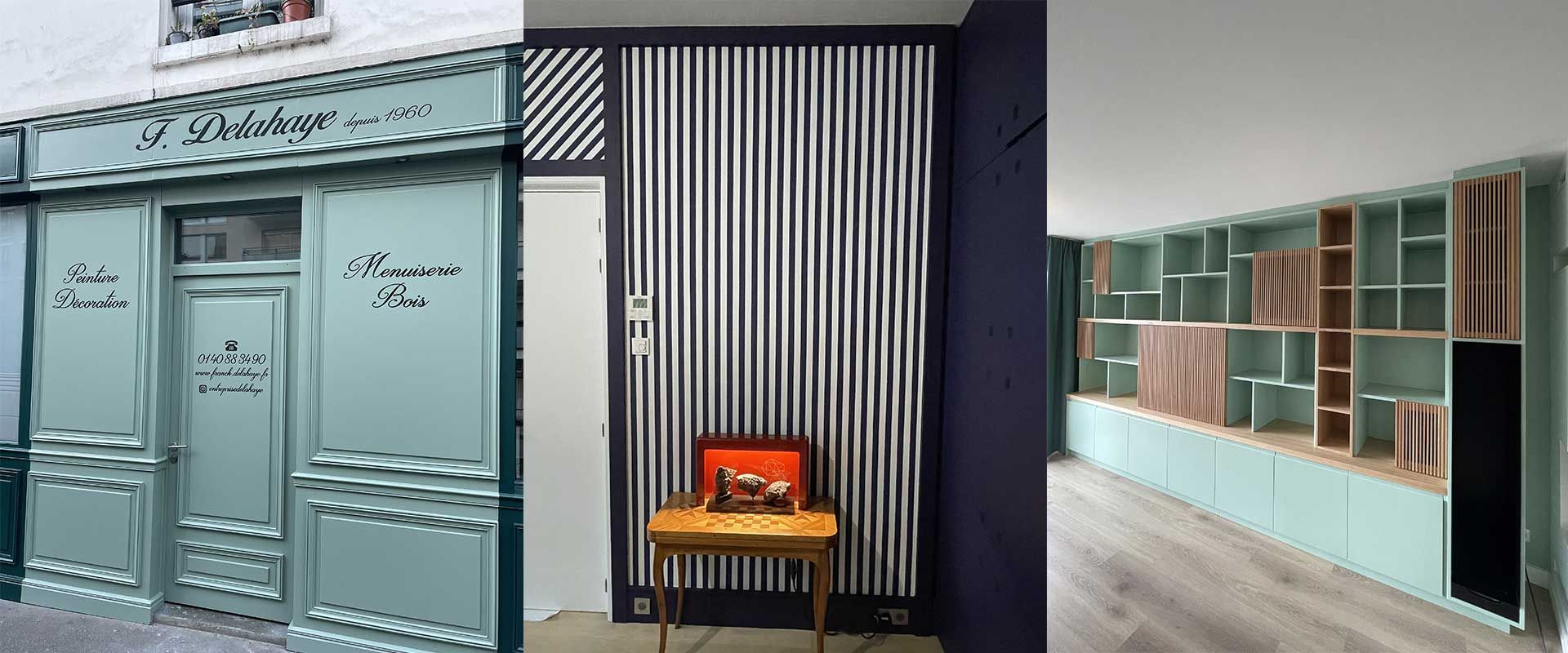 Collage photo de quelques réalisations par Franck Delahaye et la façade de l'entreprise