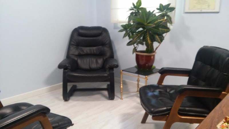 Una habitación con dos sillas y una planta en maceta.