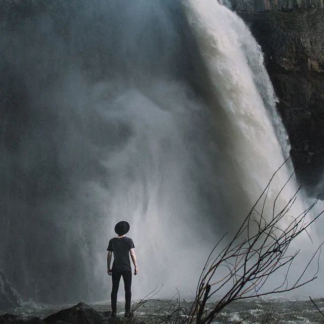 Un hombre está parado frente a una cascada.
