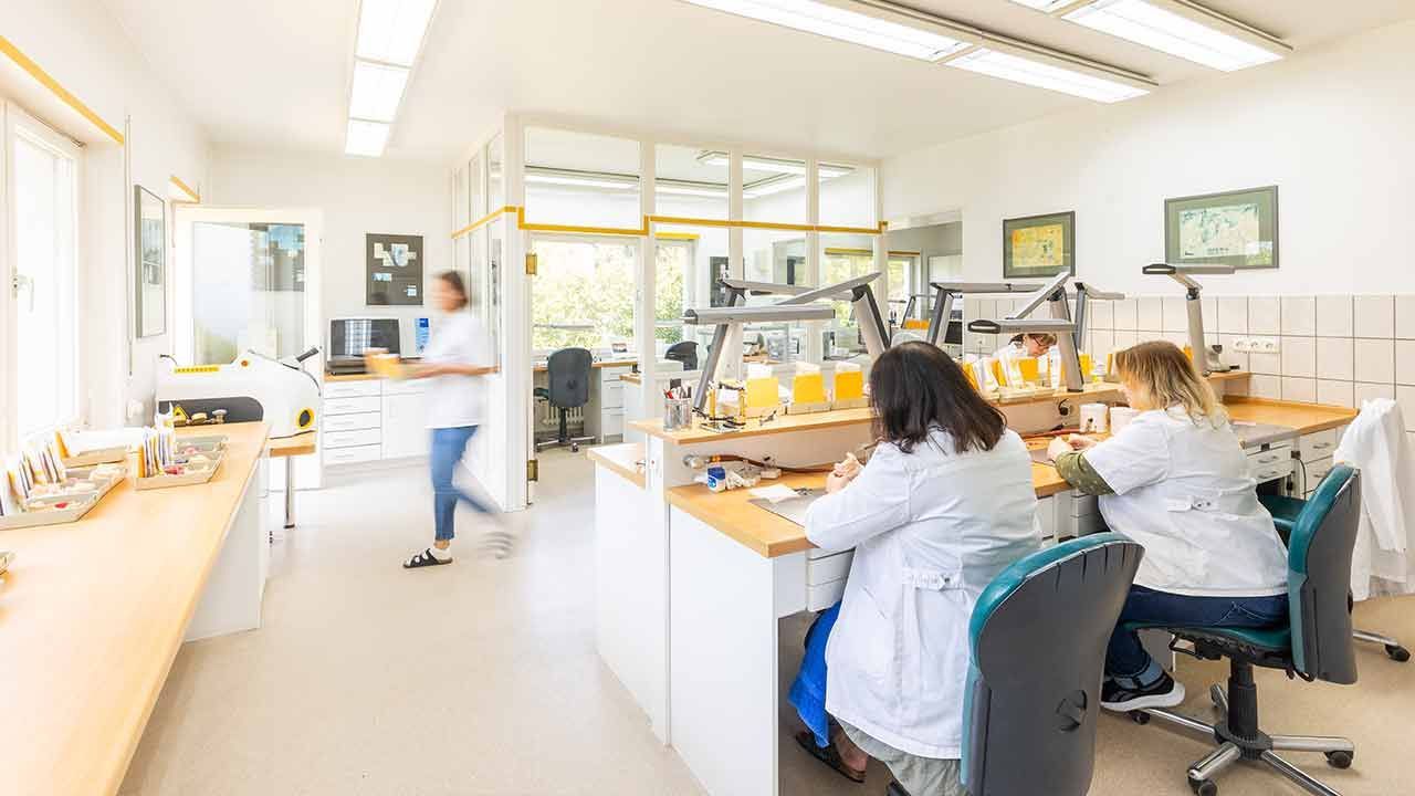 Eine Gruppe von Frauen arbeitet in einem zahntechnischen Labor.