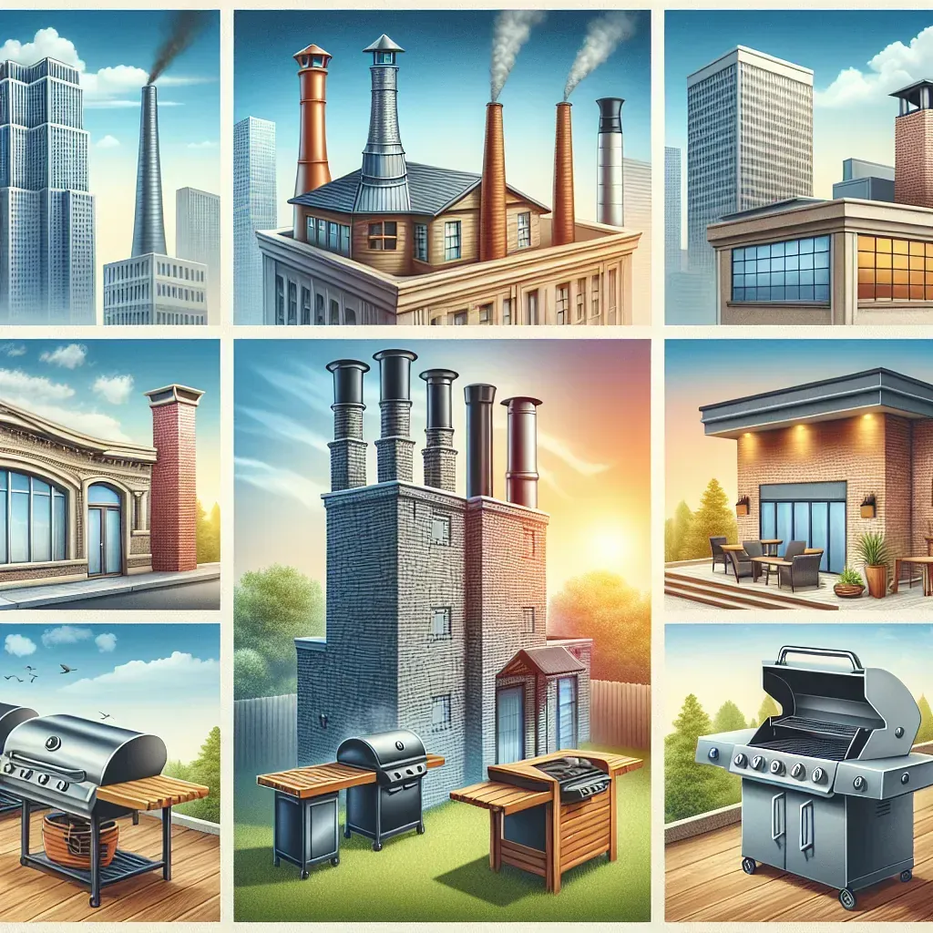 Un collage de fotografías de edificios y parrillas de barbacoa.