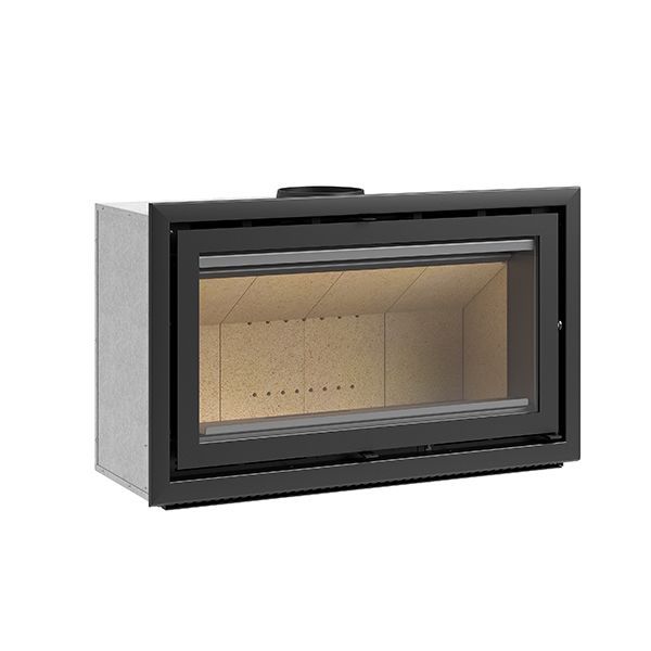 Cassette de chimenea moderno de leña en color negro con frontal de cristal y revestimiento interior vermiculita, cuatro ventilaodres.