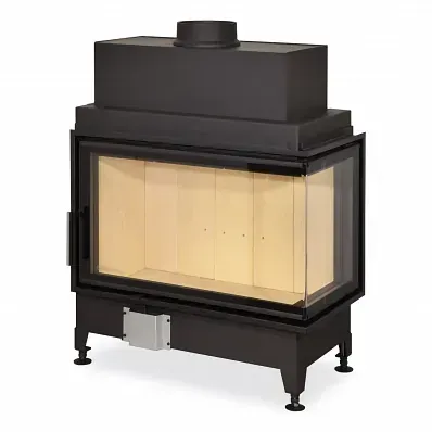 Una chimenea con una gran puerta de cristal sobre un fondo blanco.