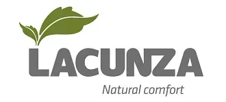 Un logotipo para Lacunza Natural Comfort con una hoja verde.