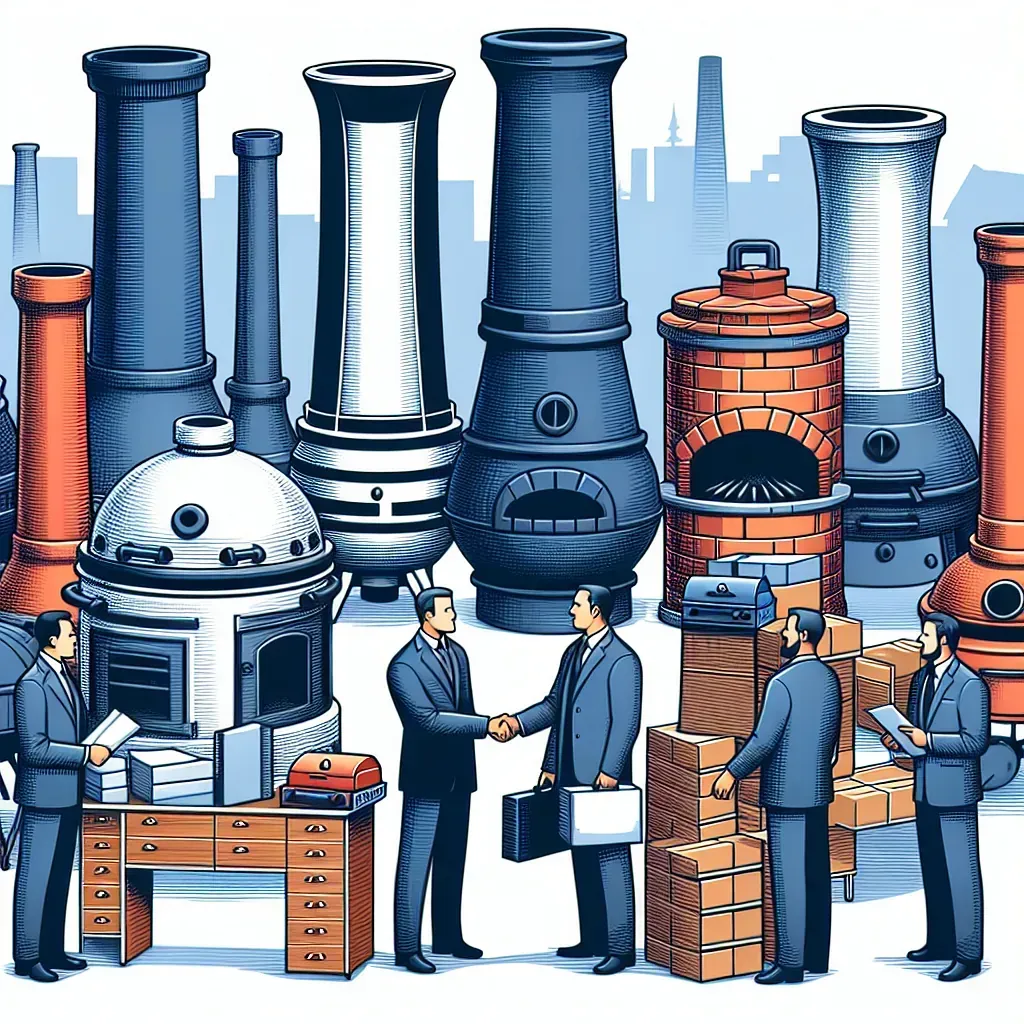 Un grupo de hombres se dan la mano delante de un montón de chimeneas.