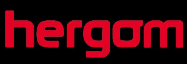 Un logotipo de Hergom rojo sobre un fondo negro