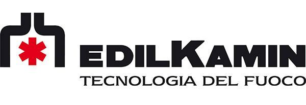 Un logotipo negro y rojo para la tecnología contra incendios de Edilkamin.