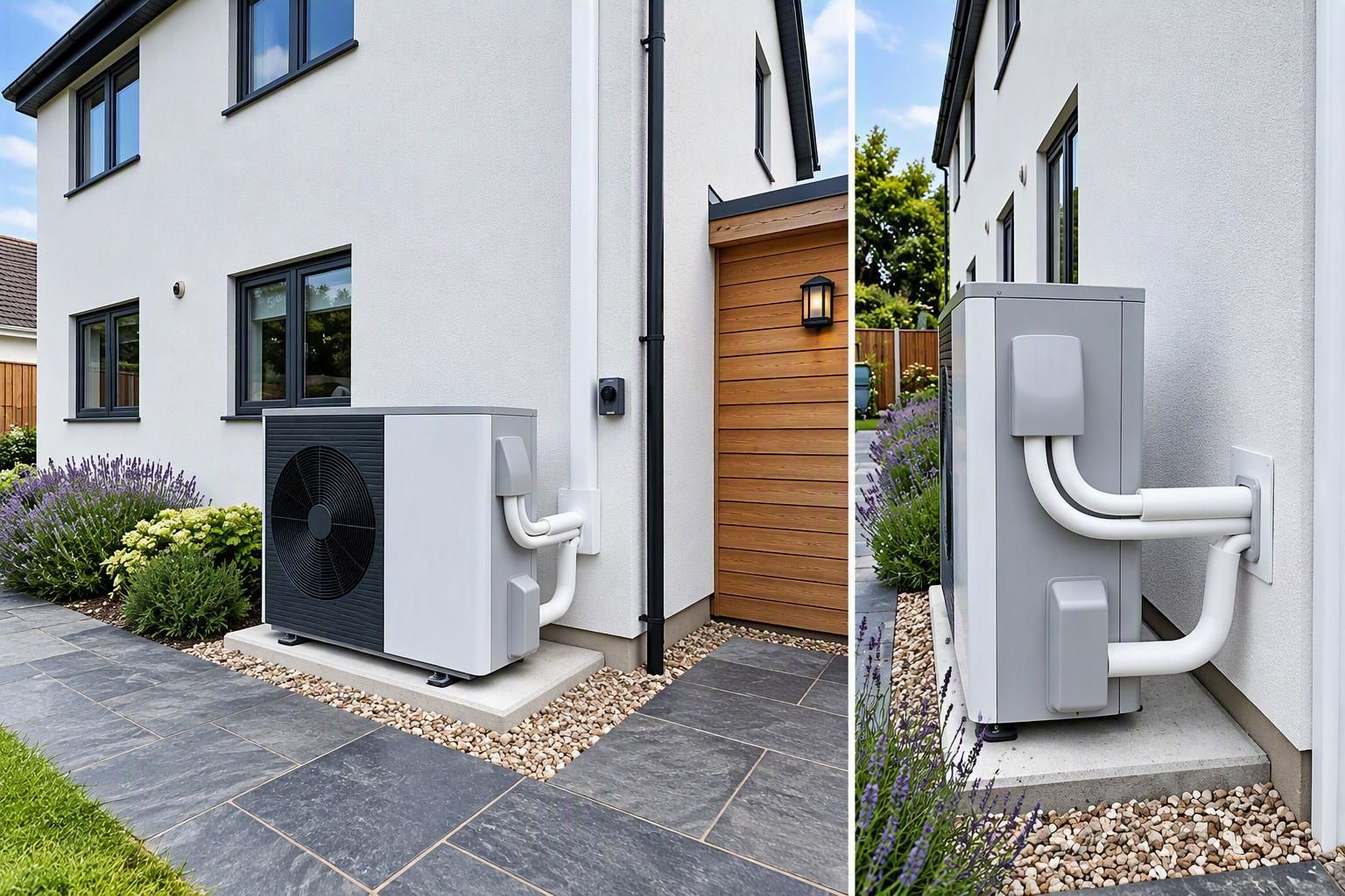 Zwei Außenklimaanlagen neben einem Haus auf Kies, angrenzend an eine Hausverkleidung und eine Steinmauer