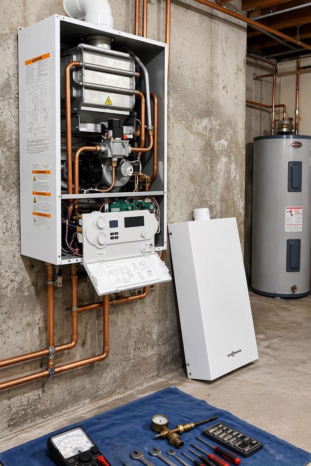 Techniker prüft ein Außengerät einer Klimaanlage mit einem Multimeter und Manometern.