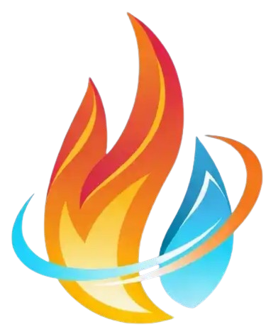 Abstraktes, mehrfarbiges Flammenlogo mit orangefarbenen, gelben, roten und blauen Schwüngen