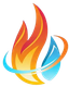 Abstraktes, mehrfarbiges Flammenlogo mit orangefarbenen, gelben, roten und blauen Schwüngen