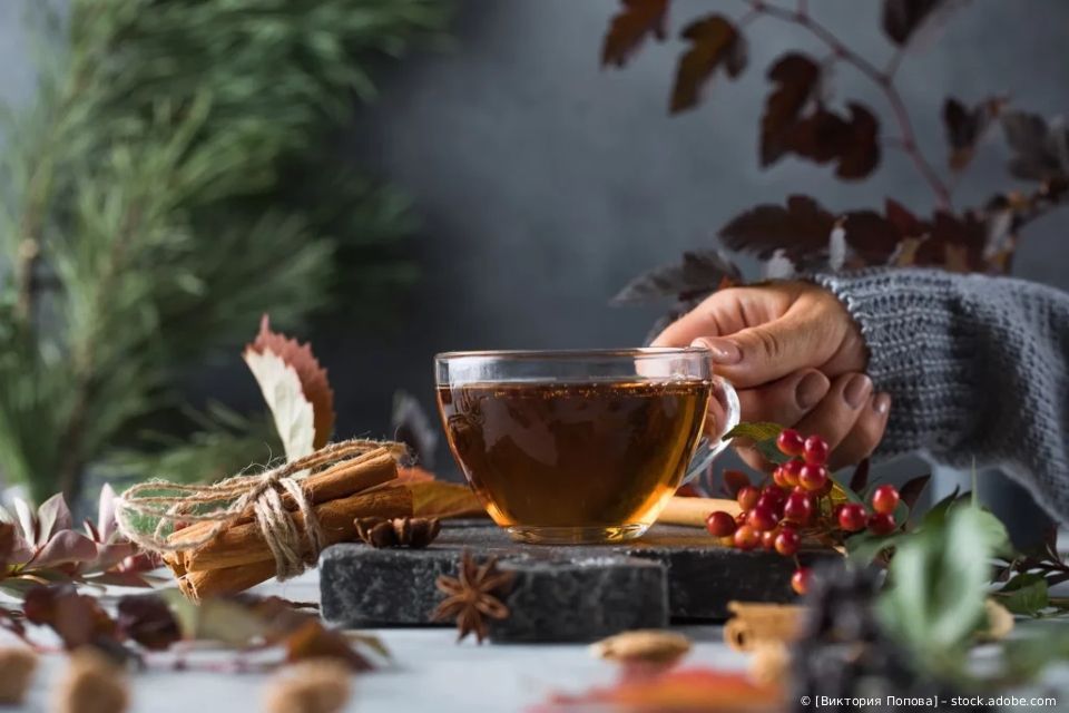 Eine Hand stellt eine Glasteetasse neben Tannenzapfen, Gewürze und Beeren auf einen rustikalen Tisch.