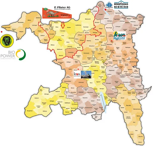 Karte einer Region mit Städten und Standorten von Unternehmen wie Bio Power, KWS und Agrar.