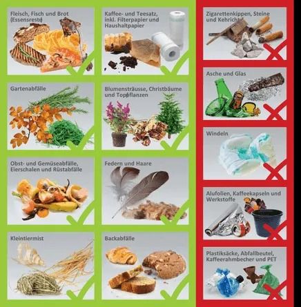 Grüne und rote Kästchen zeigen an, was in den Bioabfallbehälter gehört und was nicht.