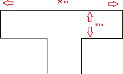 Draufsicht auf eine T-förmige Strasse mit einer 20 m breiten Oberseite und einem 6 m hohen vertikalen Abschnitt.