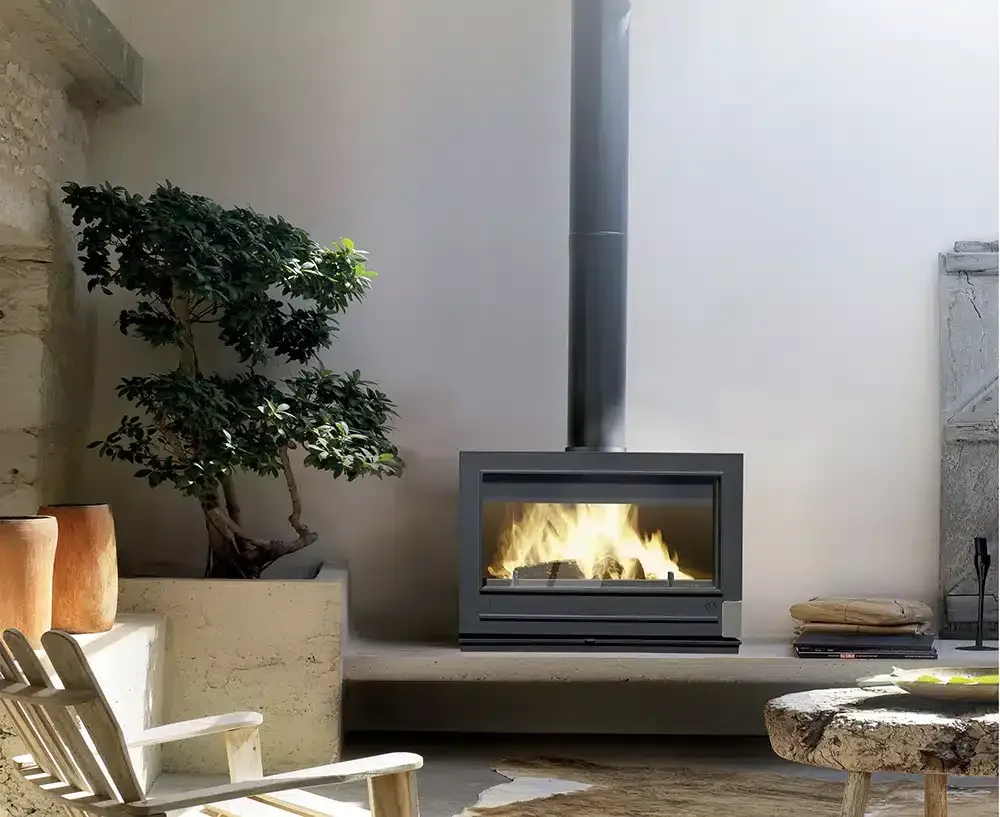 Dans un espace de vie moderne agrémenté d'une plante, une cheminée noire avec un feu qui brûle et un conduit de cheminée se dresse sur un foyer en béton.
