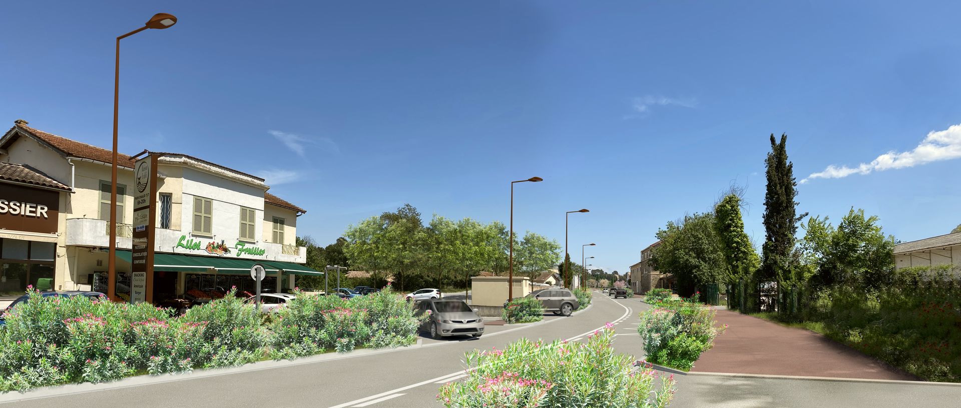 Rue de banlieue avec des maisons, des arbres et un trottoir.