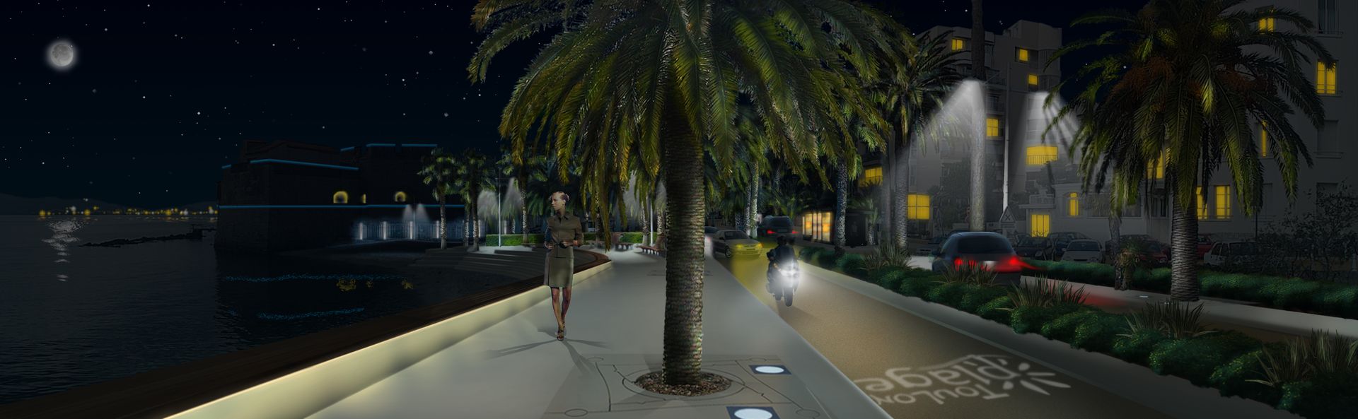 Chemin piétonnier nocturne bordé de palmiers, avec un cycliste, des lampadaires et les lumières de la ville au loin.