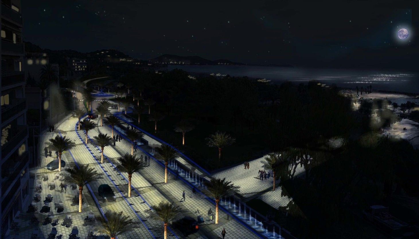 Vue aérienne nocturne d'une promenade illuminée en bord de mer, avec des palmiers.