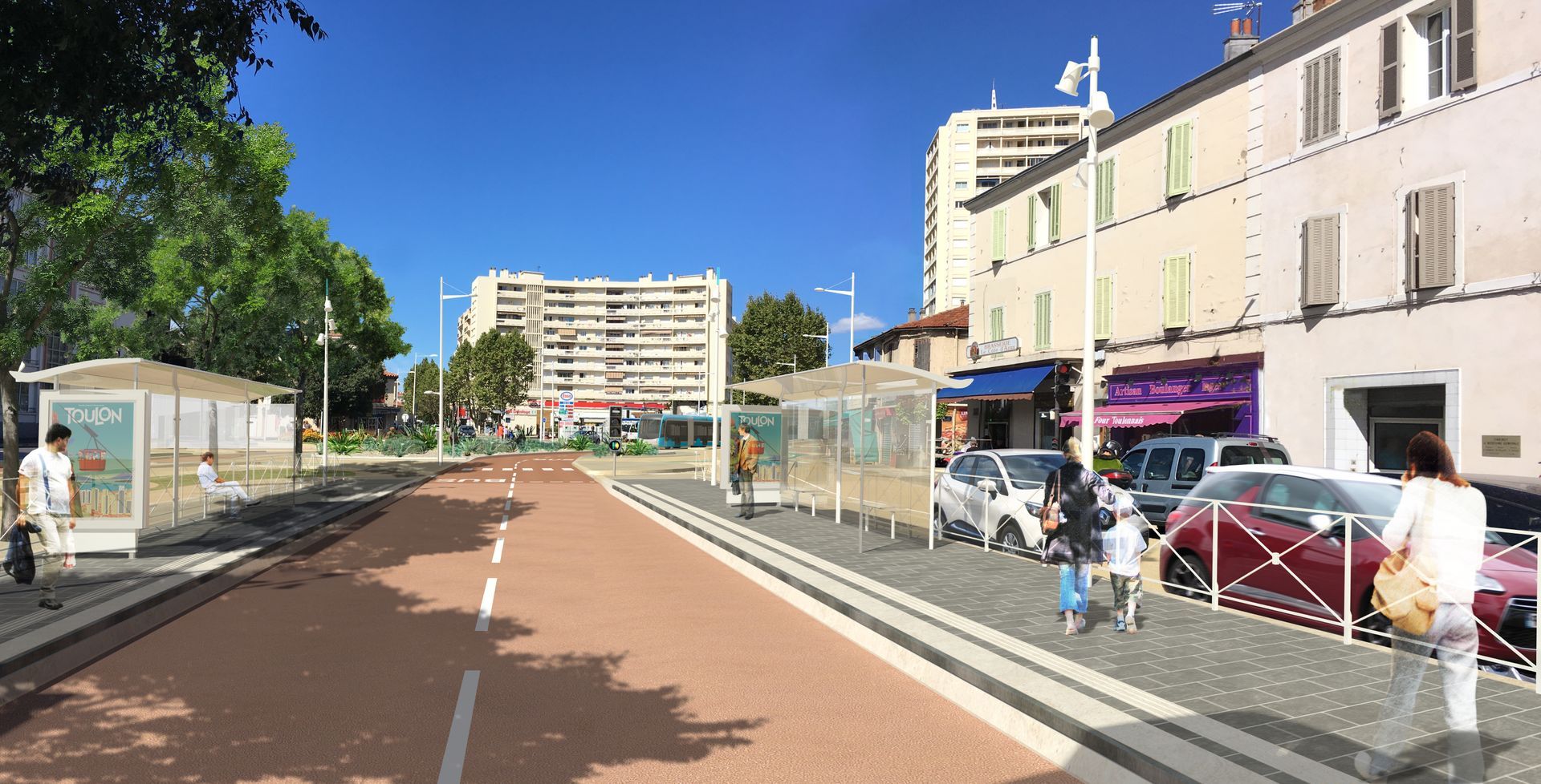 Rue avec piste cyclable, abribus, piétons et bâtiments en bordure de route.