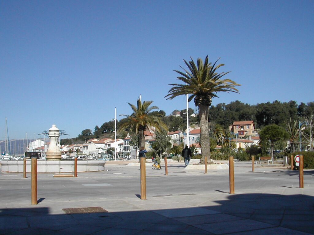 Promenade ensoleillée au bord de l'eau, bordée de palmiers, d'un phare et de voiliers au loin.