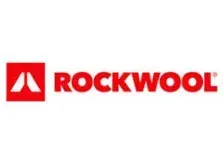El logotipo de lana de roca es rojo y blanco sobre un fondo blanco.