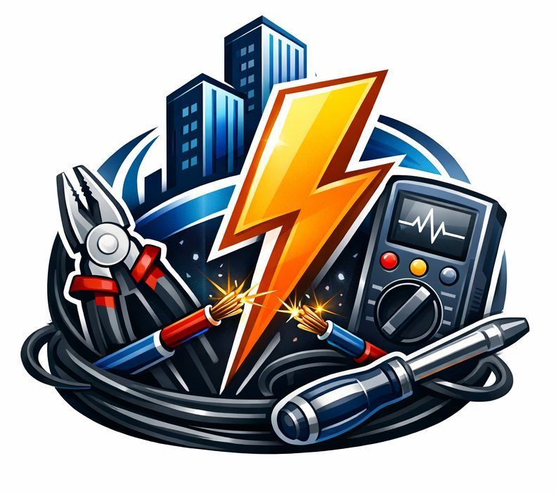 Herramientas de electricista y horizonte de una ciudad, con un rayo, cables chispeantes y un mult&iacute;metro.