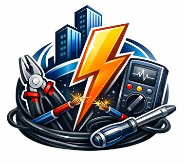Herramientas de electricista y horizonte de una ciudad, con un rayo, cables chispeantes y un mult&iacute;metro.