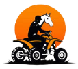 Person riding an ATV with a horse head in front of an orange sun.