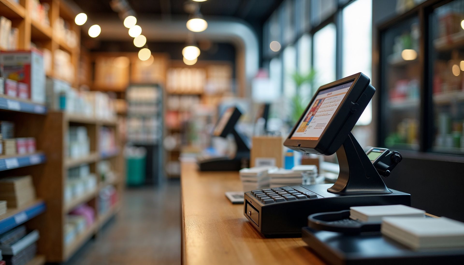 Caisse d'une librairie avec lecteur de cartes et étagères en arrière-plan.
