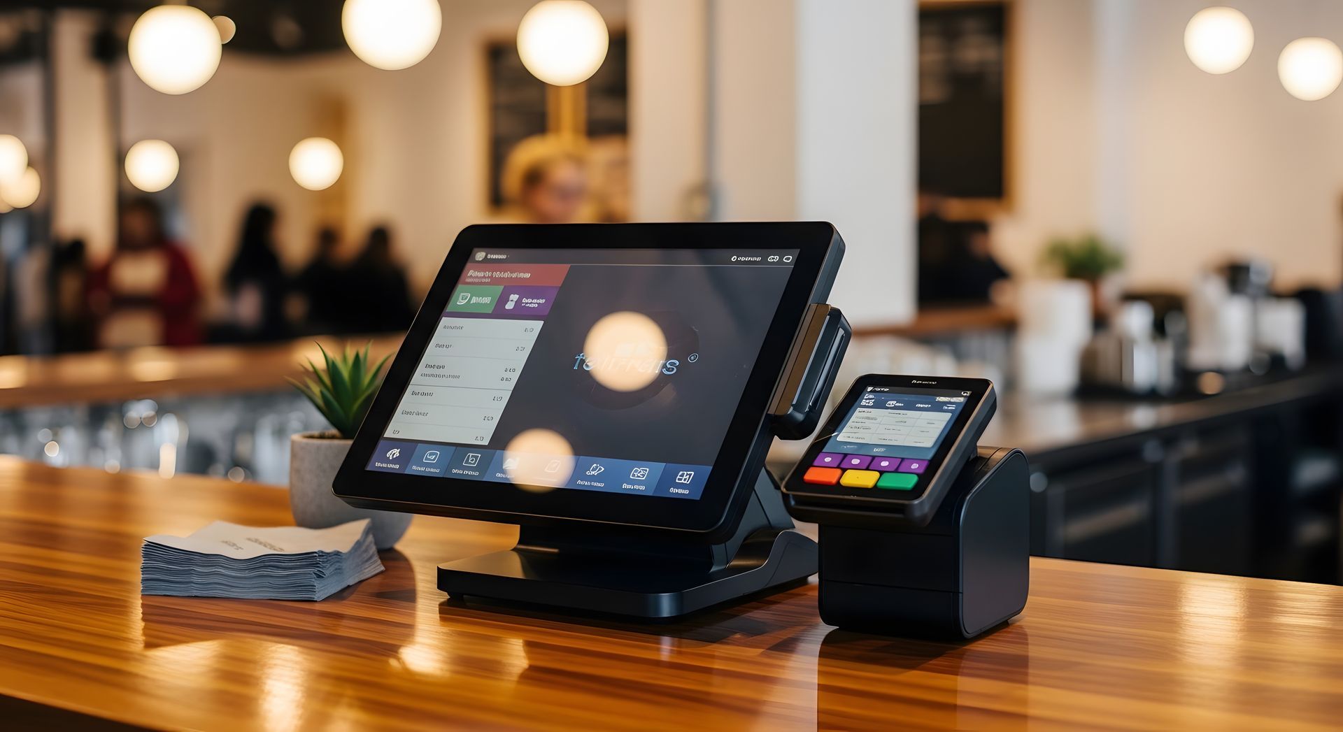 Système de point de vente sur tablette et lecteur de cartes sur un comptoir de bar en bois dans un café.