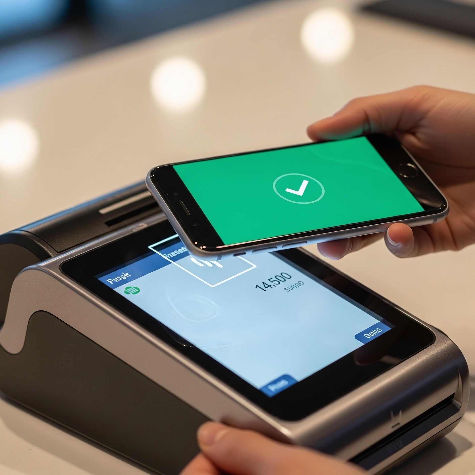 Main tenant un téléphone au-dessus d'un terminal de paiement avec une coche verte confirmant le paiement sans contact.