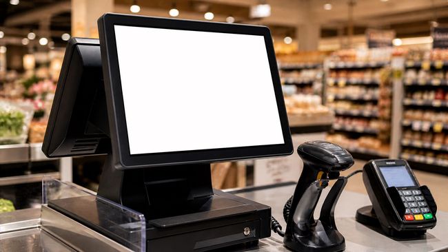 Caisse enregistreuse avec écran de point de vente vierge, lecteur de codes-barres et lecteur de cartes dans un magasin.