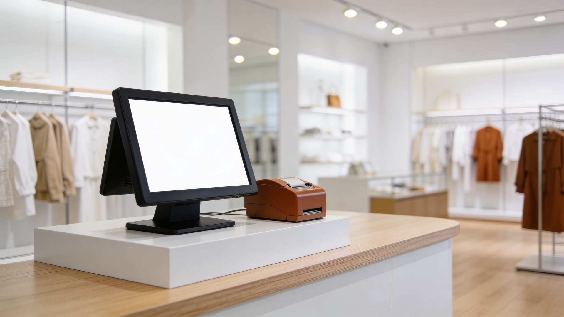Caisse enregistreuse avec écran tactile dans un magasin de vêtements lumineux.