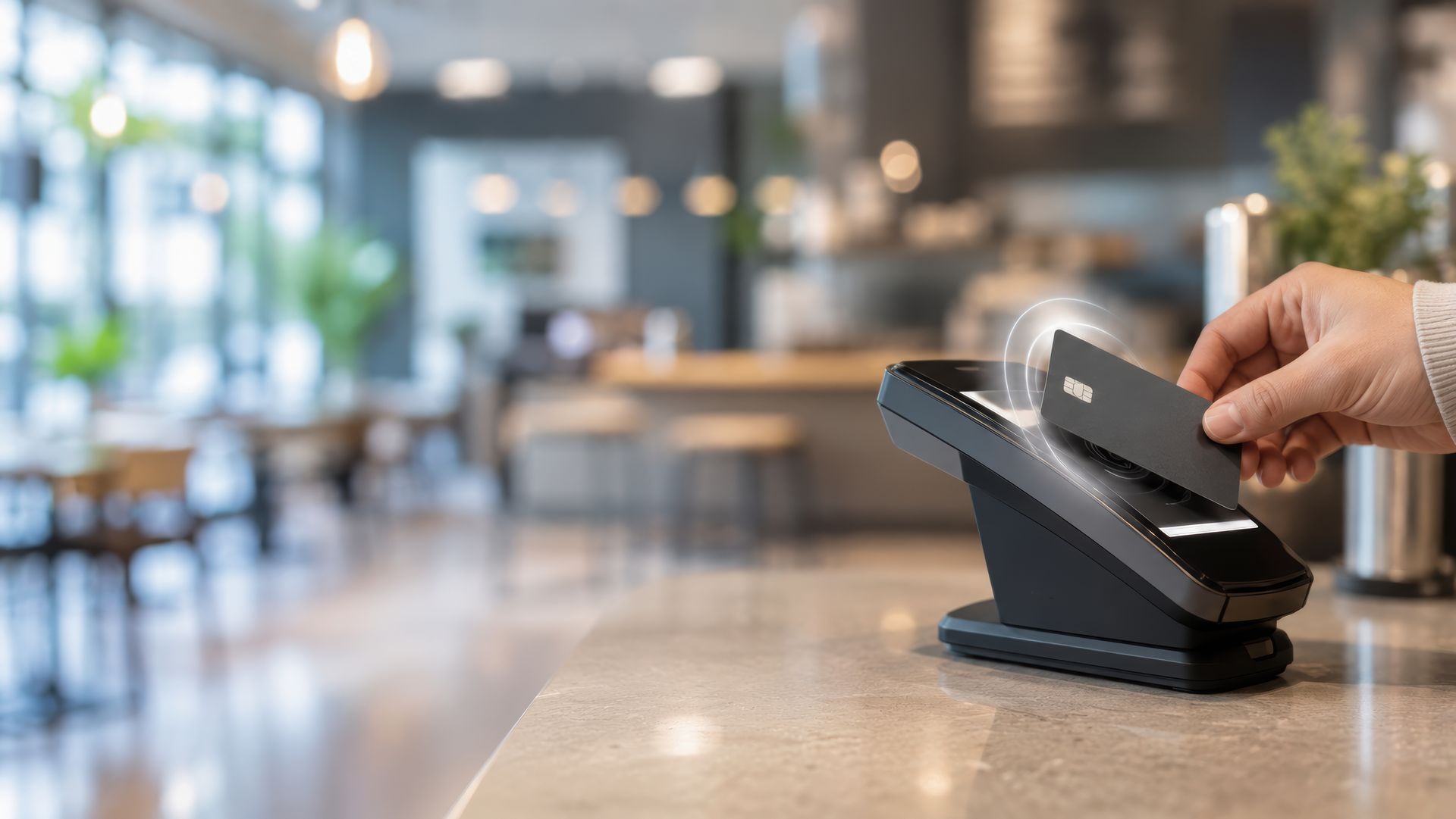 Une main tenant une carte au-dessus d'un terminal de paiement sans contact sur le comptoir d'un café.