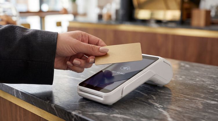 Main tenant une carte au-dessus d'un terminal de paiement sans contact sur un comptoir.