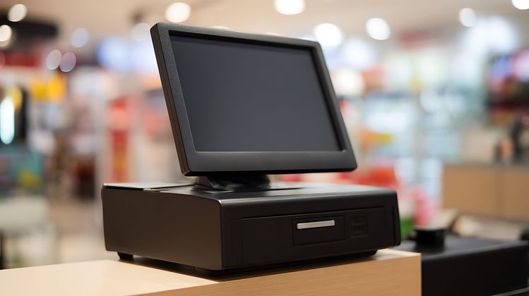 Caisse enregistreuse tactile noire sur un comptoir dans un magasin.