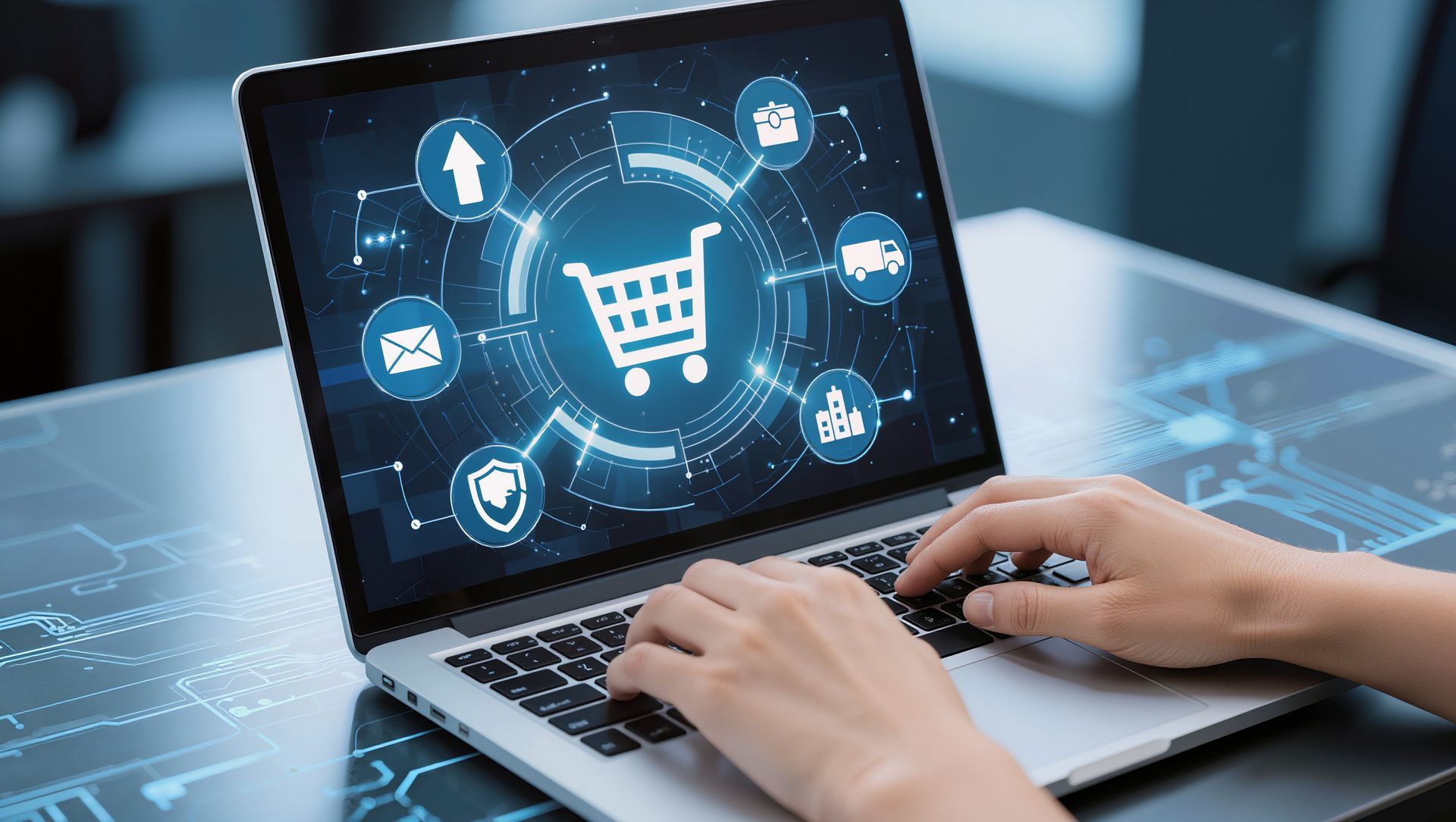 Des mains tapant sur un ordinateur portable affichant un panier d'achat en ligne et des symboles de commerce numérique.