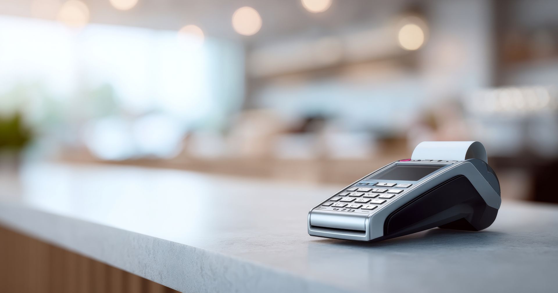 Terminal de paiement sur un comptoir en bois dans un café ou un restaurant à l'ambiance légèrement floue.