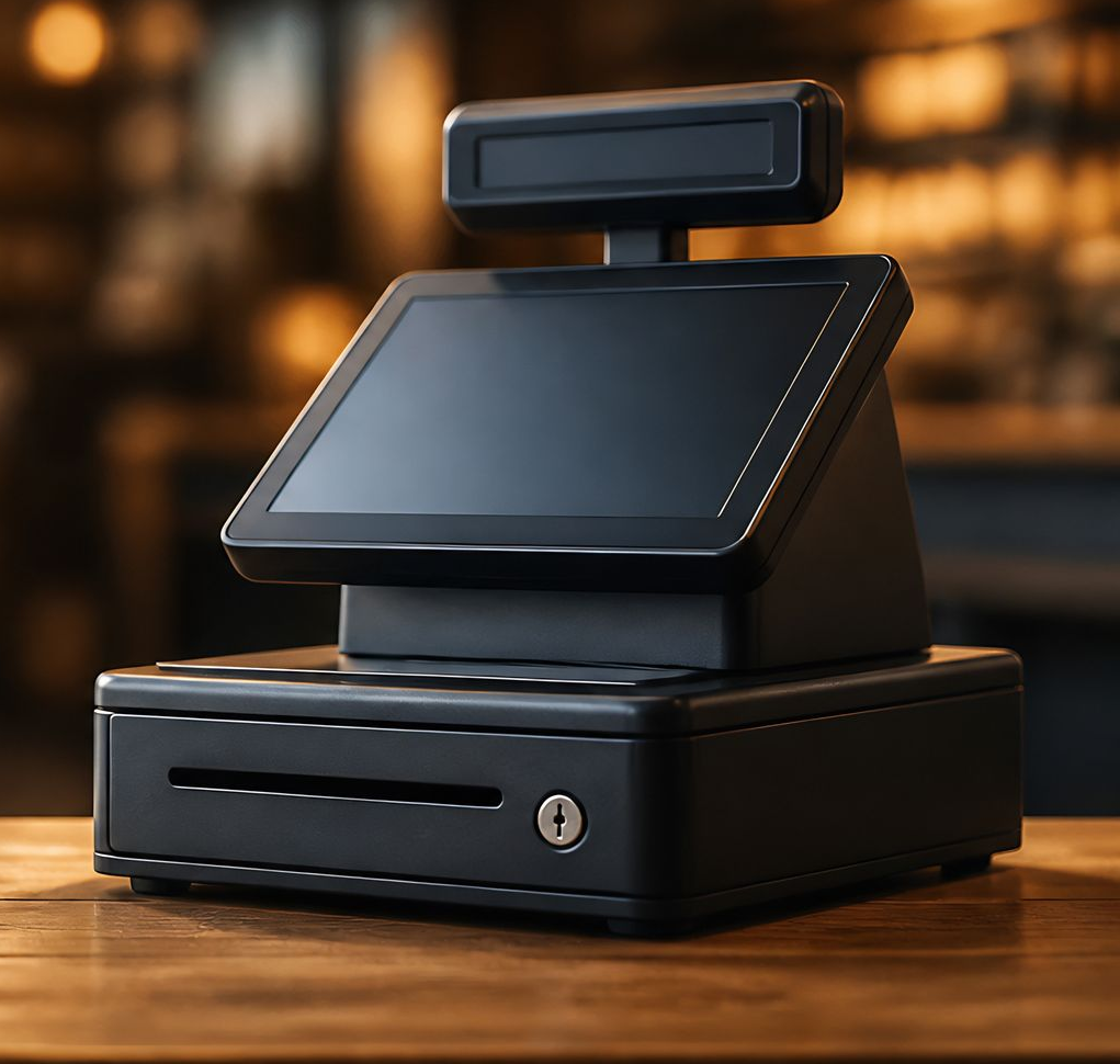 Terminal de point de vente noir compact sur un comptoir en bois dans un magasin à l'ambiance chaleureuse et légèrement floue.