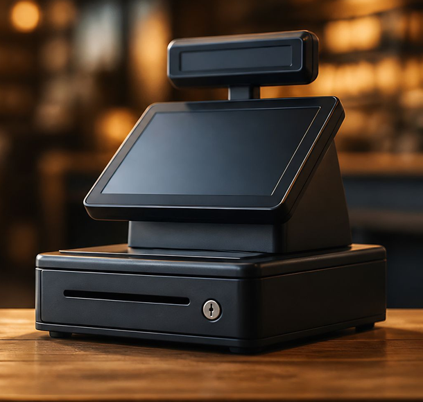 Terminal de point de vente tactile noir sur un comptoir en bois dans un magasin à l'éclairage chaleureux.