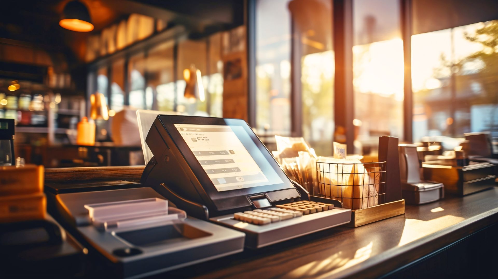 Comptoir de café baigné de soleil avec caisse enregistreuse tactile, menus et tasses à café près de la fenêtre.
