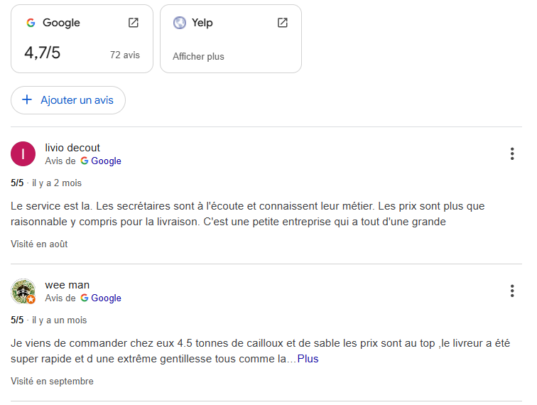 Capture d'écran accueil page avis google