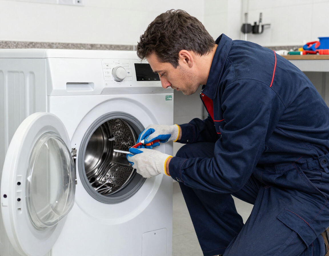 Técnico reparando una lavadora de carga frontal con herramientas en un cuarto de lavado