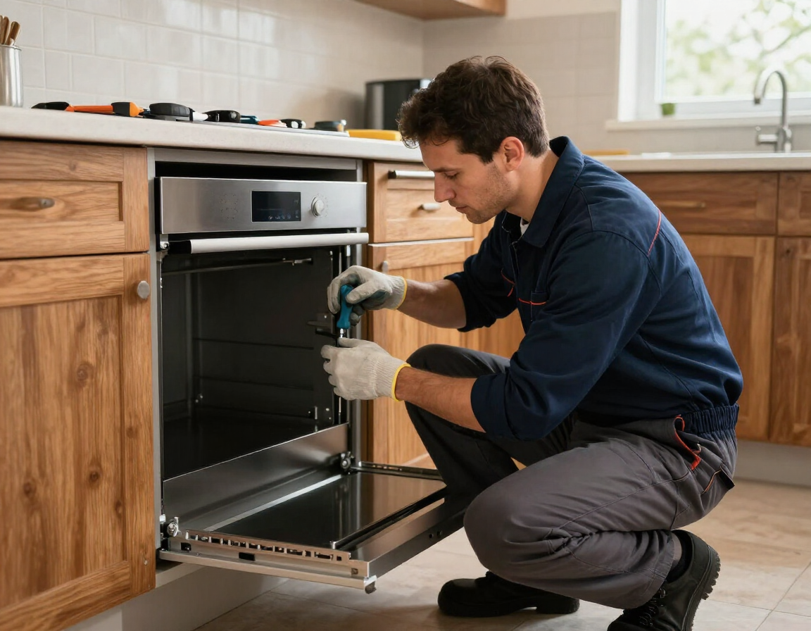 Persona reparando un horno empotrado en una cocina de madera, arrodillada con herramientas y la puerta del horno abierta