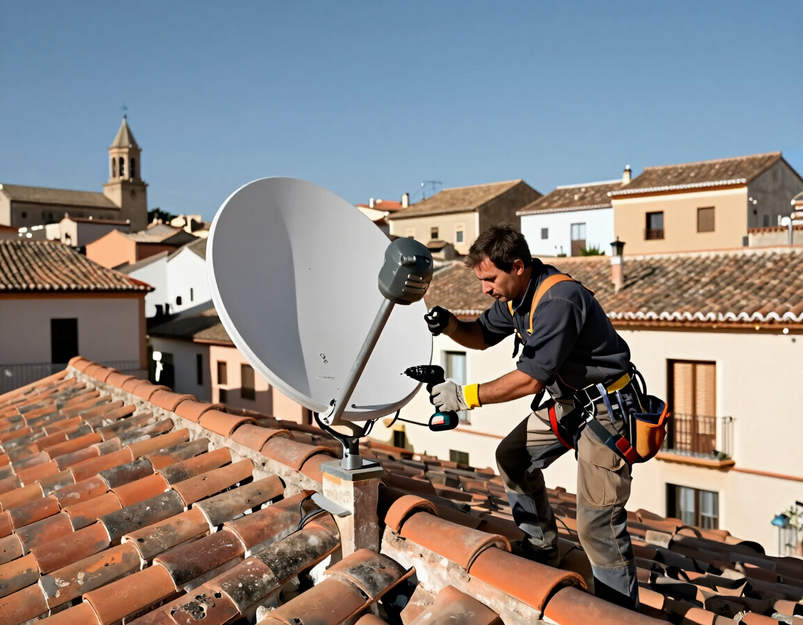Un técnico instalando una antena parabólica en un tejado de tejas en un pueblo