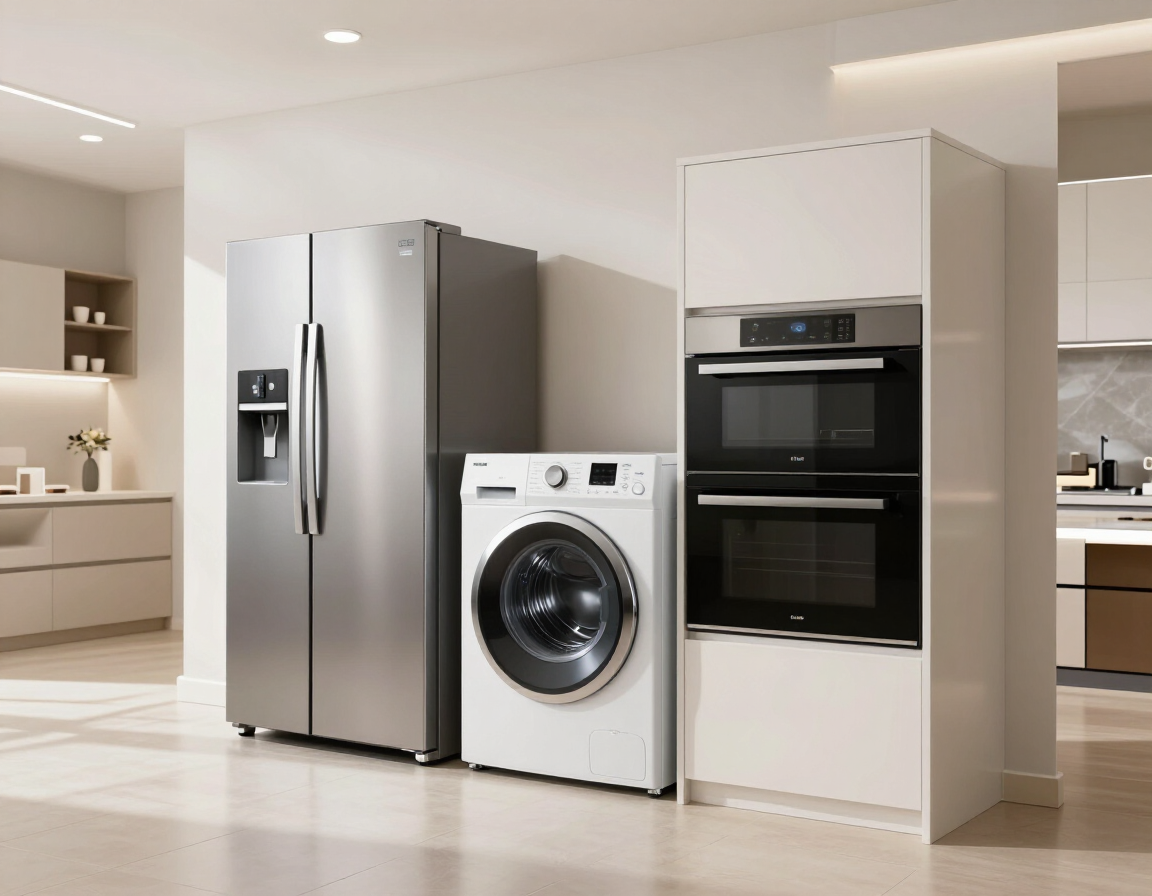 Cocina moderna con refrigerador de acero inoxidable, lavadora de carga frontal y horno empotrado.