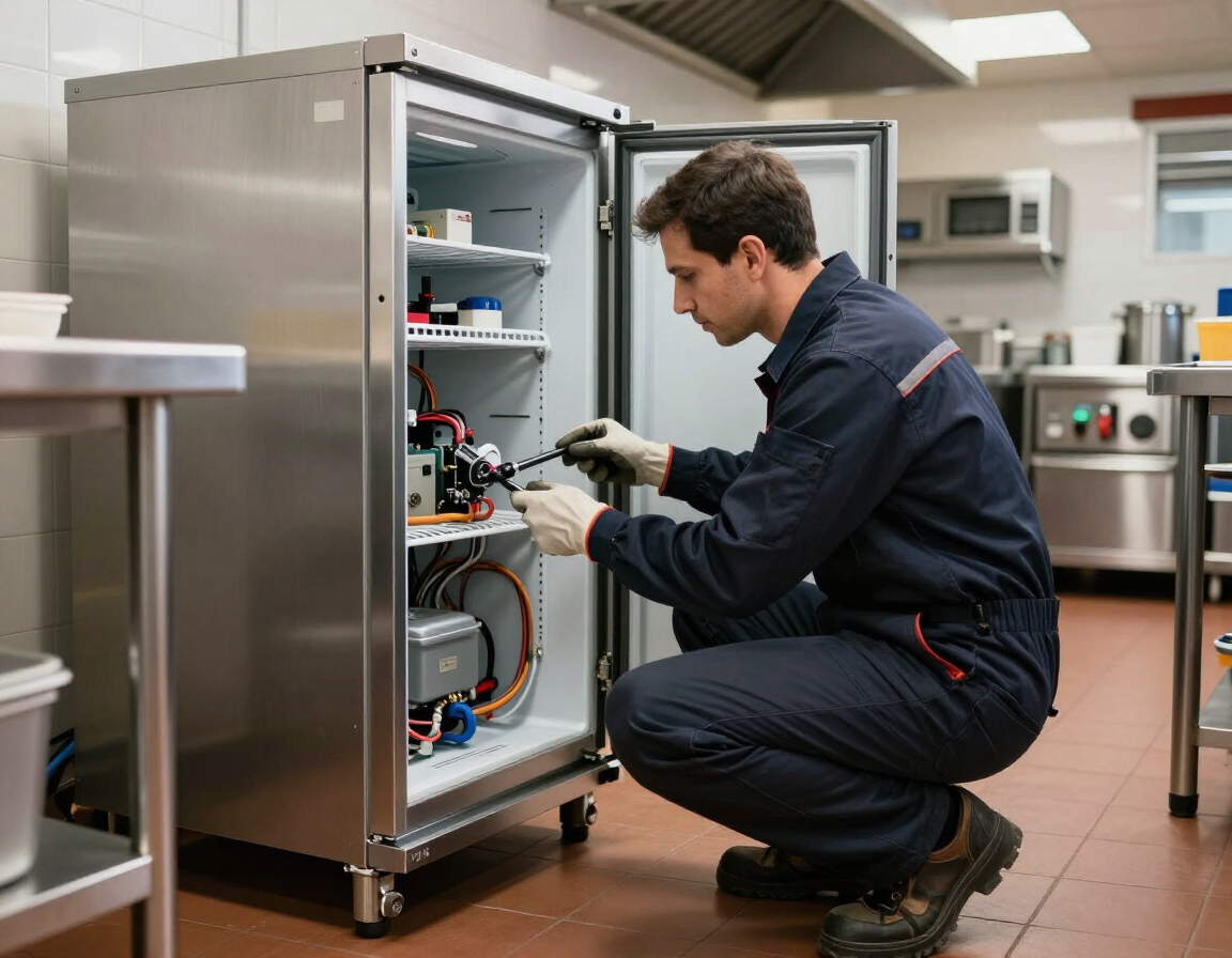 Un técnico arrodillado junto a un electrodoméstico de acero inoxidable abierto, revisando el cableado de una cocina comercial.